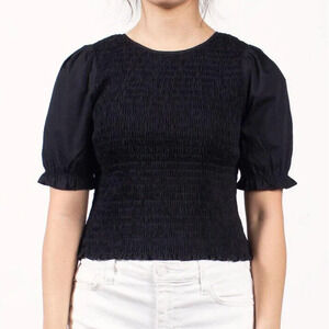 MAUBY NEW $74 Short Sleeve Smocked Poplin Top in Black‎ 1X
